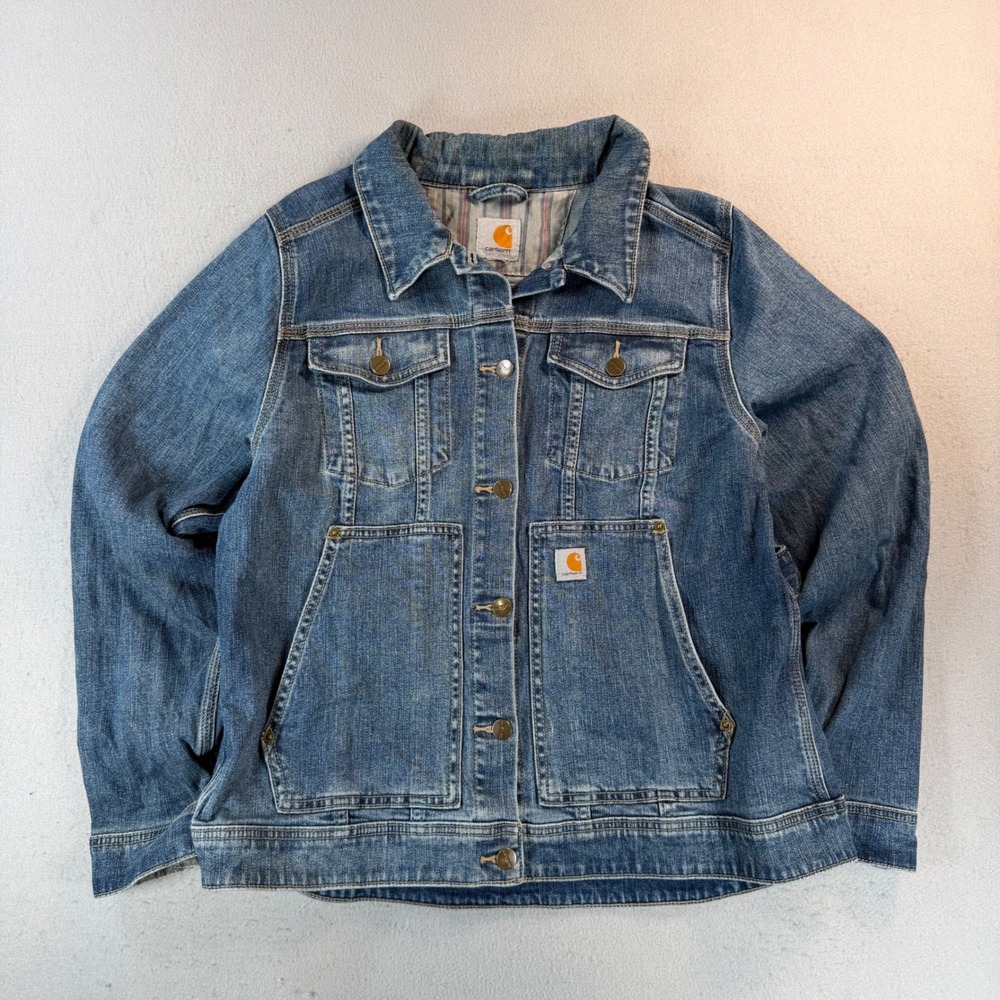 Carhartt Girls Denim Trucker Jacket Medium Wash Blanket Lined Blue Size L 12/14